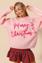 SO ME Womens Sweater Pink Merry Christmas Tinsel Lettering Pullover 9bb13047243e4661adc0630c446a4ee0-Max-Origin Trendsi