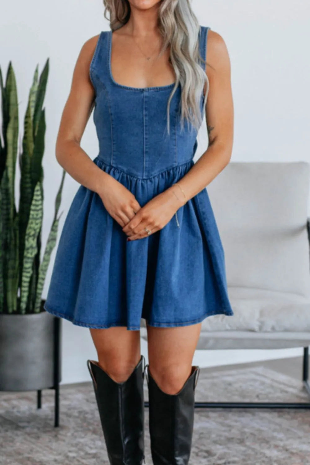 Denim Skater Dress V-Back Bow Tied Halter Empire Waist 9bb27c8f-1420-45d9-abf7-bc6e5be5f236-Max-Origin Trendsi