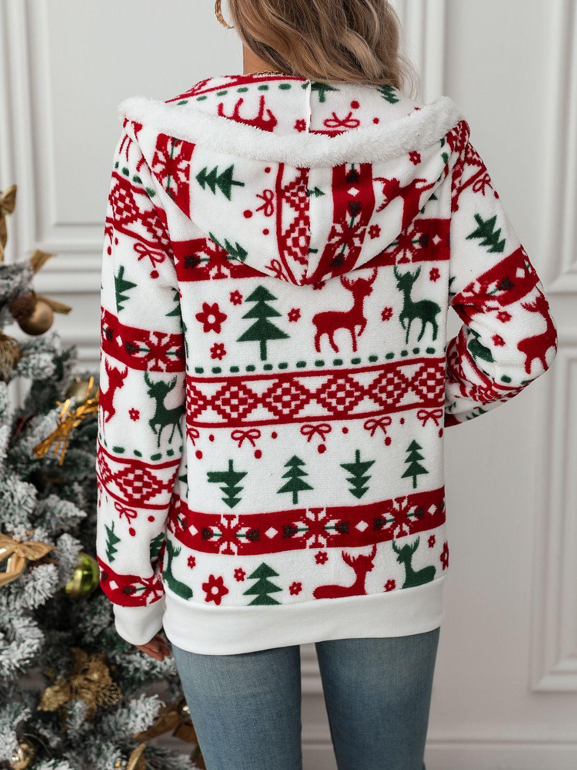 Christmas Tree Pattern Jacket Women Zip Up Hooded Warm Outwear