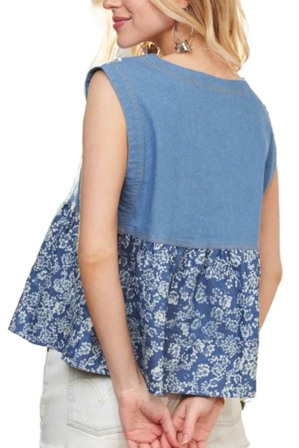 ADORA Denim Top Sleeveless Floral Contrast Blue Ruffle Blouse 9bbdb9409abd406794ffce4df8768315-Max-Origin Trendsi