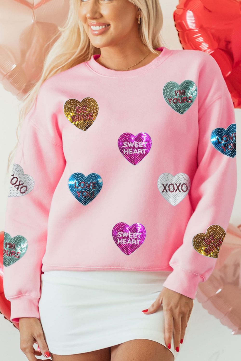 Valentine’s Day Sweatshirt Pink Sequin Heart Round Neck Long Sleeve Top 9bc2d7e1-c0df-4f18-a6b7-67fd1b422691-Max Trendsi