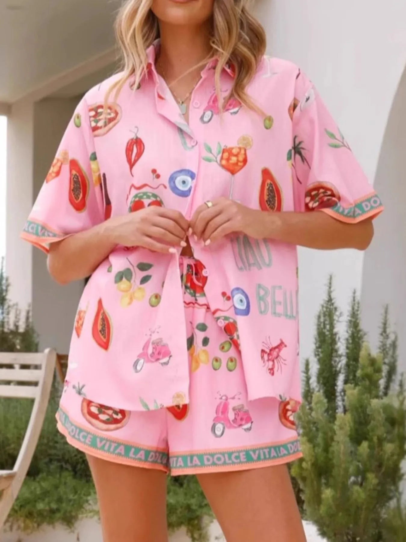 Women's Outfit Set Pink Summer Printed Button Up Shirt and Shorts 2 Pcs Pink 9bea15b7-f8bf-4a69-af78-d99b13b16391-Max-Origin Trendsi
