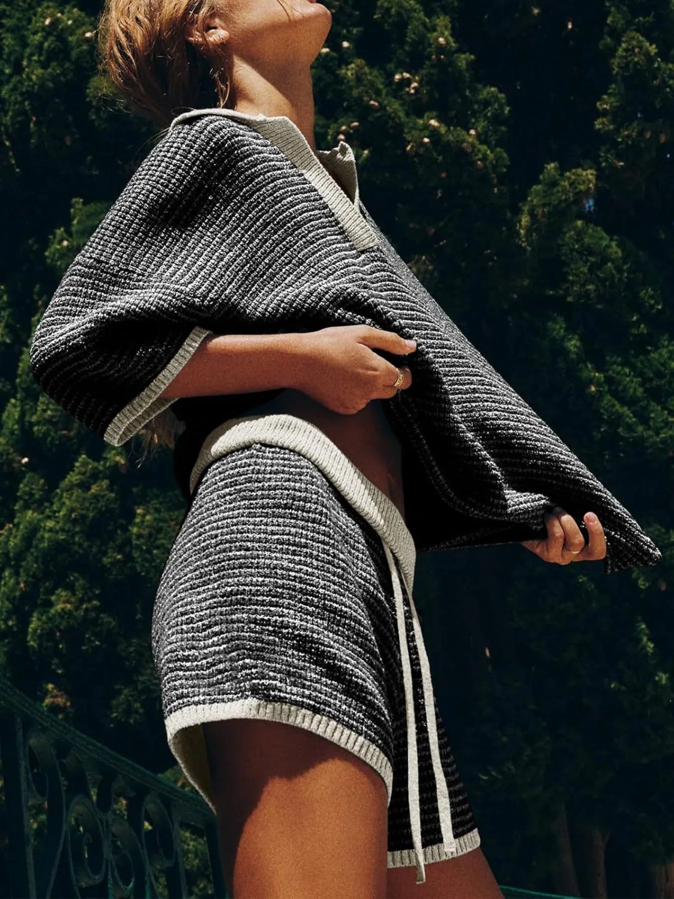 Sweater Set Women's Collared Neck Contrast Striped Top and Shorts 2 Pcs 9bf0836c-8b6d-4e36-af43-b3412a79619a-Max-Origin Trendsi