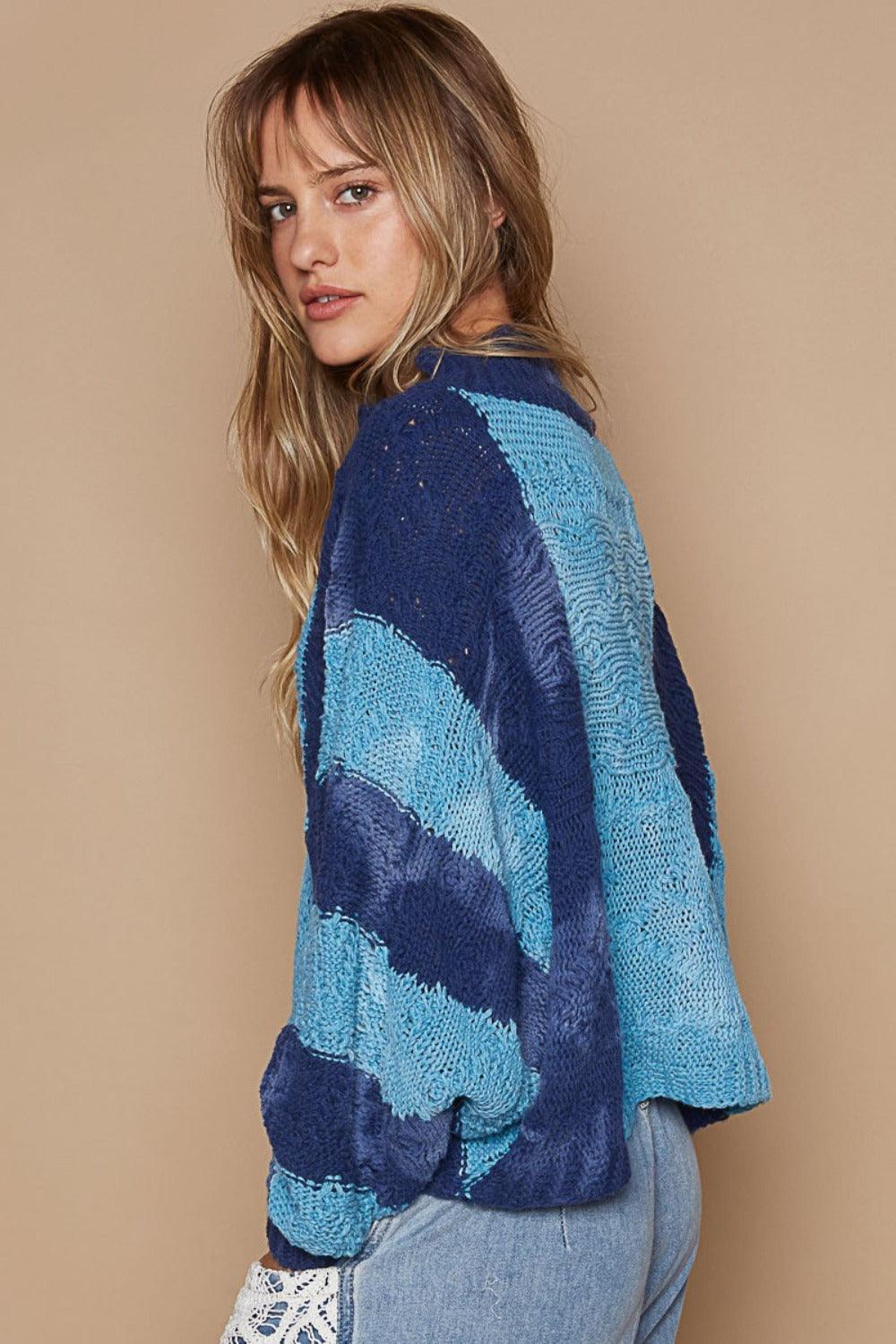 POL Sweater Blue Color Block Mock Neck Long Sleeve Oversized