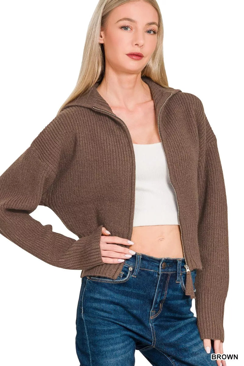 Zenana Sweater Cardigan Brown Womens Ribbed Collared Zip Up 9bfe562799774ab483950825a80b15de-Max-Origin Trendsi