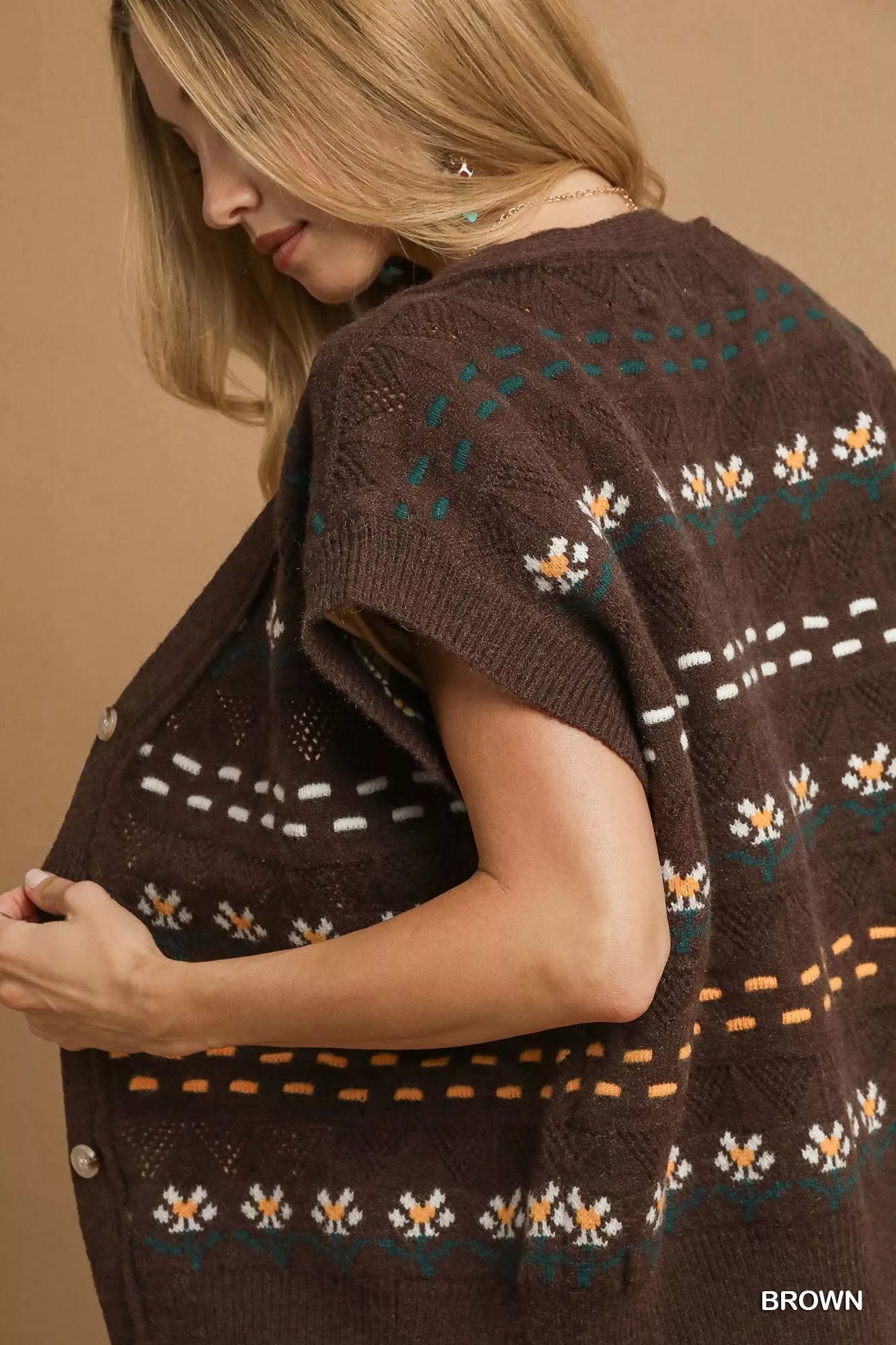 Umgee Womens Sweater Vest Brown Knit with Floral Pattern 9c09f99c-594c-4a2e-b35a-a47d91cb8f48-Max-Origin Trendsi