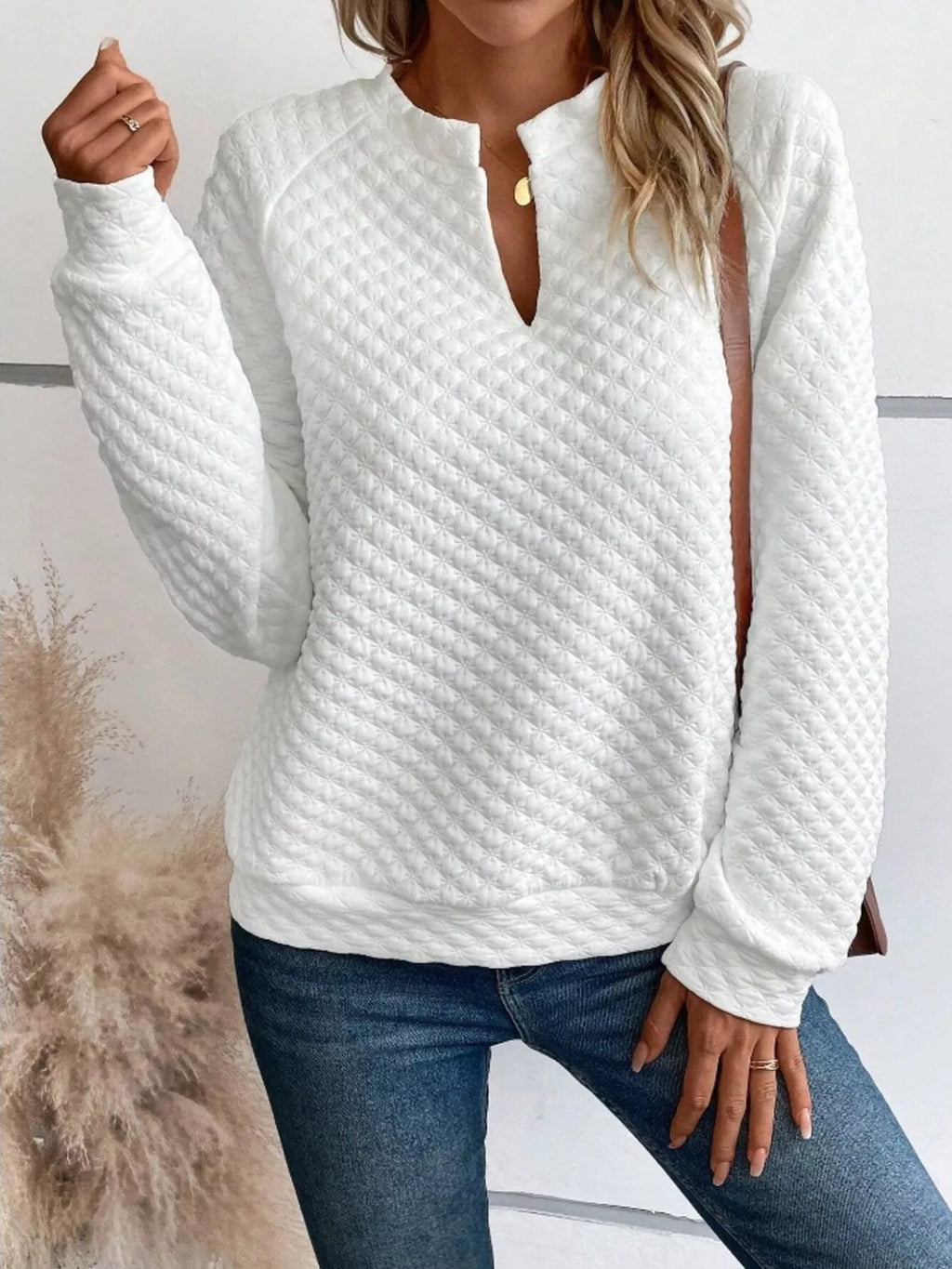 Women's Sweatshirt Textured Notched Raglan Long Sleeve Top 9c0cff8fdc564d2d86a28643279cd680-Max-Origin Trendsi