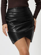 Leather Mini Skirt Ruched Asymmetrical Hem Back Zipper 9c0f5e58-2b64-4d32-805d-f628bc2769e2-Max Trendsi