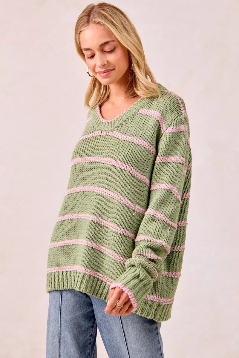 BiBi Womens Sweater Striped Sage Green Long Sleeve Oversized Pullover 9c20ae18b6164a8b8d41cfbafd68a636-Max-Origin Trendsi
