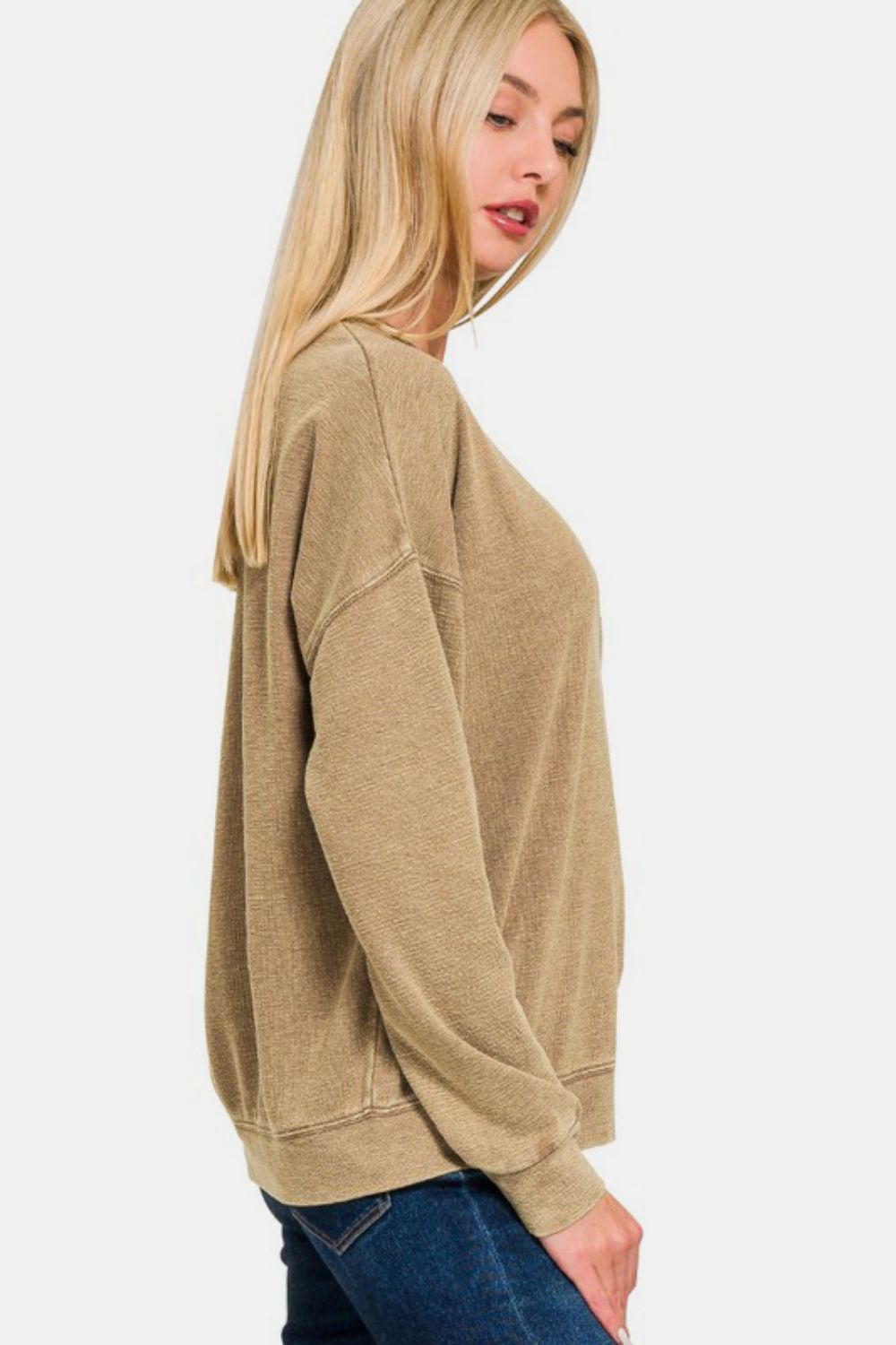 Zenana Women Sweatshirt Camel Washed Round Neck Solid Long Sleeve