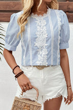 Women's Blouse Striped Lace Floral Detail Round Neck Half Sleeve Top 9c2ba48c-02b6-4220-9eab-bdd52bdfa4dc-Max-Origin Trendsi