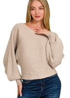 Zenana Women's Boat Neck Sweater with Balloon Dolman Sleeves Ribbed Knit