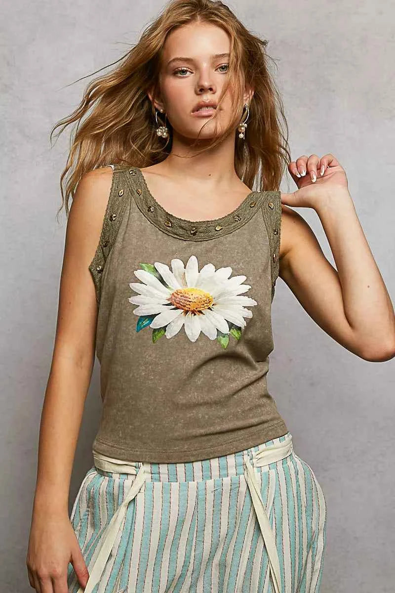 POL Washed Floral Stud Round Neck Slim Tank