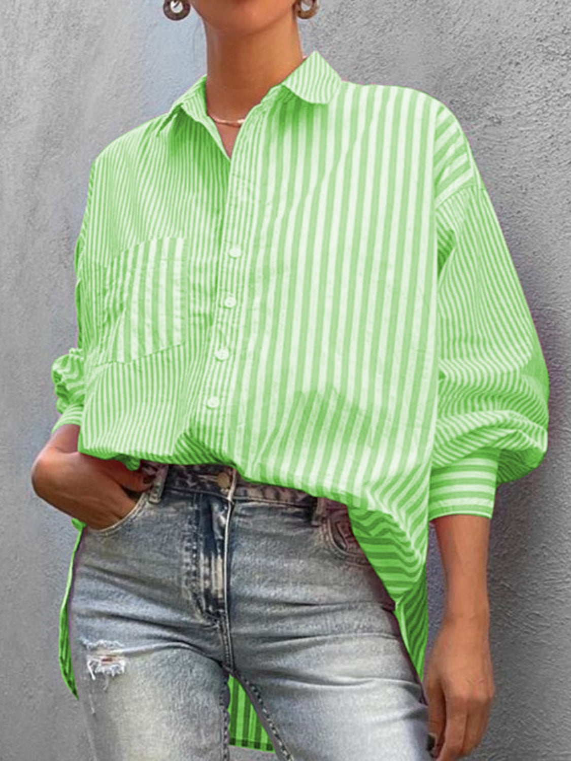 Women's Striped Shirt Button Down Long Sleeve Pink Pocketed Blouse Top Neon Green 9c42a7c1-a8ef-4039-aa7e-38a9bc15a18b-Max Trendsi