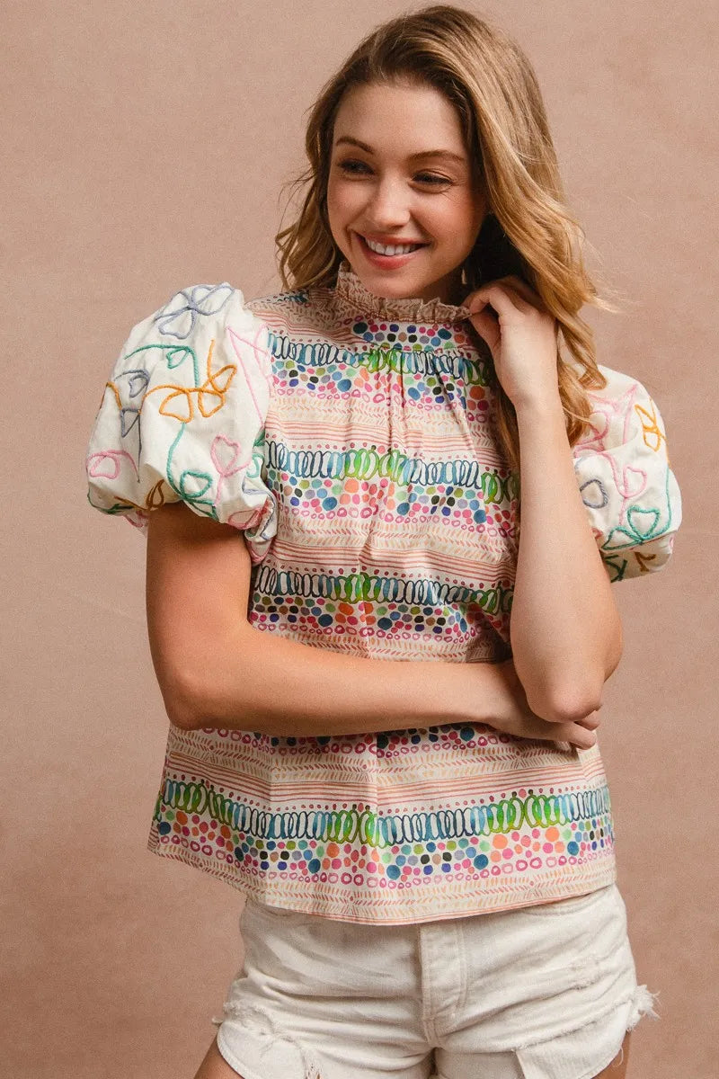BiBi Blouse Multicolor Ruffle Neckline With Embroidery Bubble Short Sleeve Top 9c43abe82bc14bb8959430cec7b313af-Max-Origin Trendsi