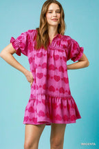 Umgee Babydoll Dress Magenta Pink Heart Pattern Short Sleeve Ruffle MAGENTA 9c488392-778b-4a31-a628-8844b8a03686-Max-Origin Trendsi