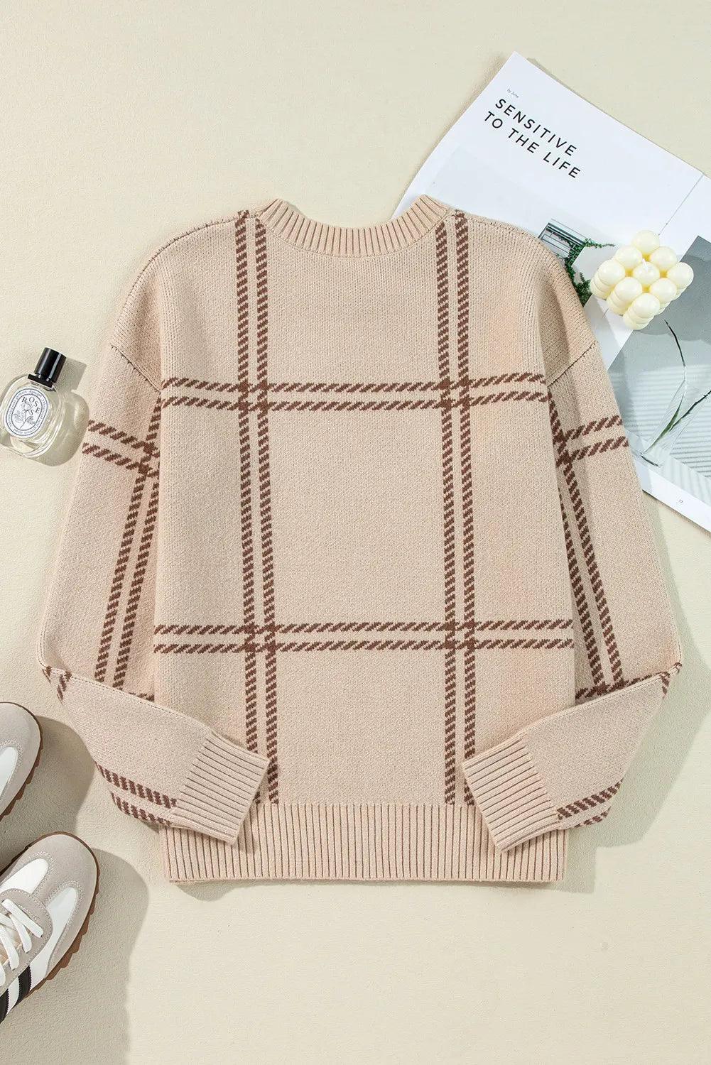 Plaid Sweater Round Neck Dropped Shoulder Long Sleeve Top 9c4da151-6c38-44a6-9a1b-76d337b629a4-Max Trendsi