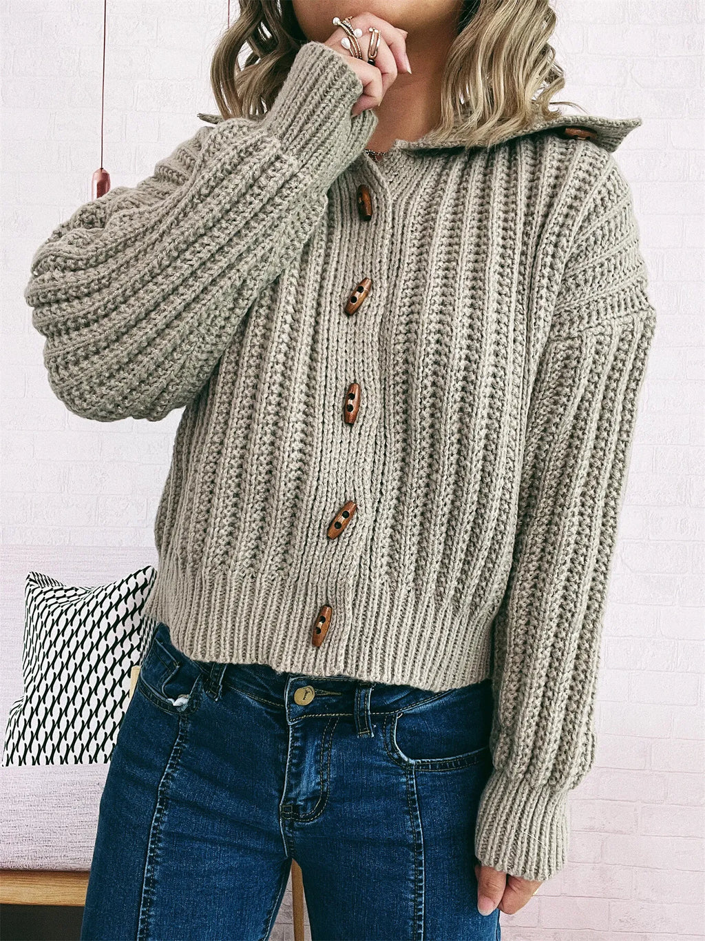 Women's Cardigan Button Up Collared Long Sleeve Knitwear