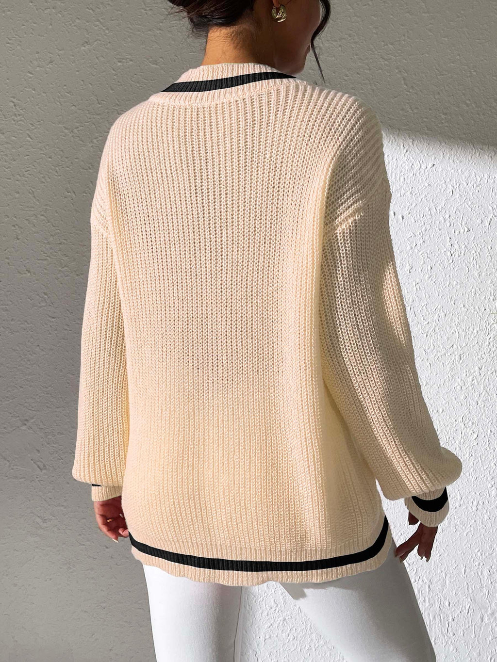 Sweater Beaded Contrast Trim V-Neck Long Sleeve Knitwear 9c59cae2-0d1a-4fab-bbd0-23c2ab5d30d6-Max Trendsi