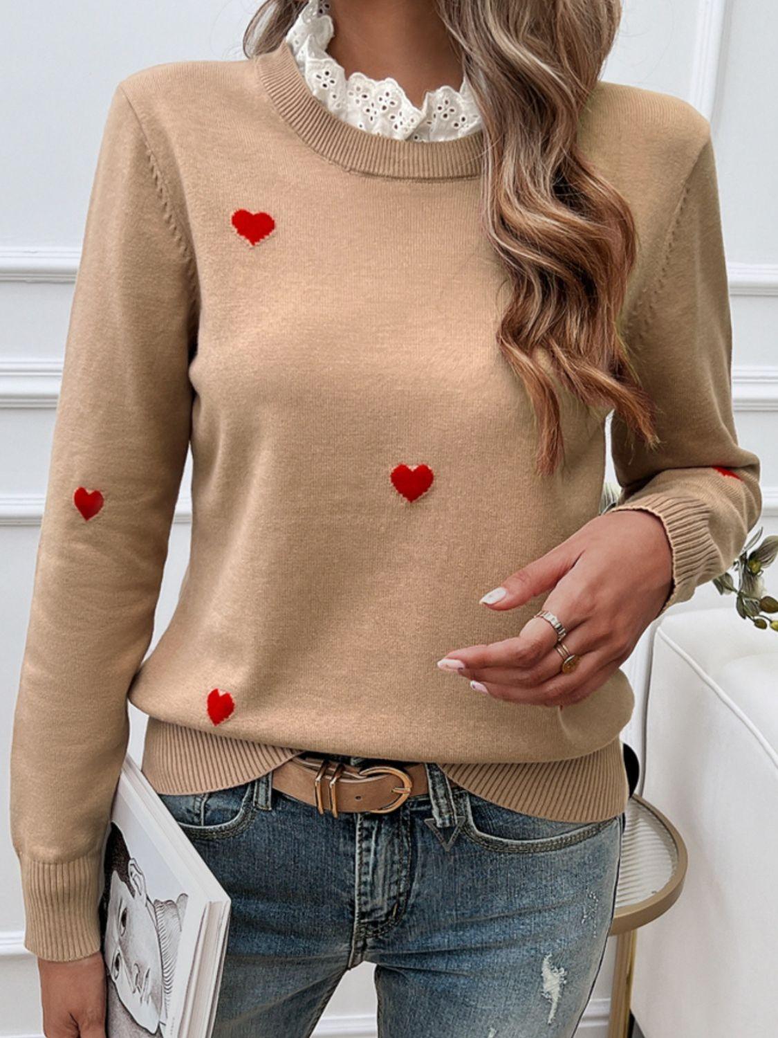 Heart Sweater Lace Collar Detail Long Sleeve Knitwear Camel 9c5f4003-3e81-4958-8609-7fc749239123-Max Trendsi