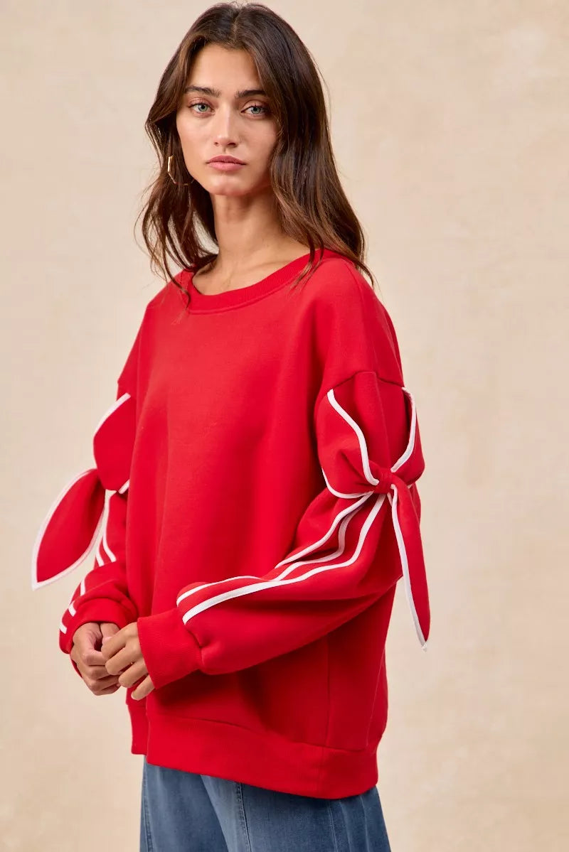 BiBi Fleece Sweatshirt Red Bow Detail Sleeves Womens Pullover 9c612382-3dc0-46f2-92e7-3082b1a4e9c6-Max-Origin Trendsi