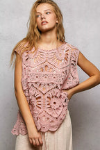POL Crochet Tank Top Rose Pink Floral Openwork Round Neck Blouse ROSE PINK One Size 9c612f83-18f1-41c1-b815-033f5fb9d39a-Max-Origin Trendsi