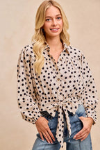 BiBi Womens Crop Shirt Polka Dot Print Tie Hem Detail Long Sleeve Top 9c67b98d9a3948e19bba4a4d4bc59e6d-Max-Origin Trendsi