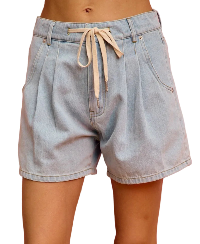 SO ME Women's Light Blue Mid Rise Denim Shorts with Cotton Tape Drawstring Waist