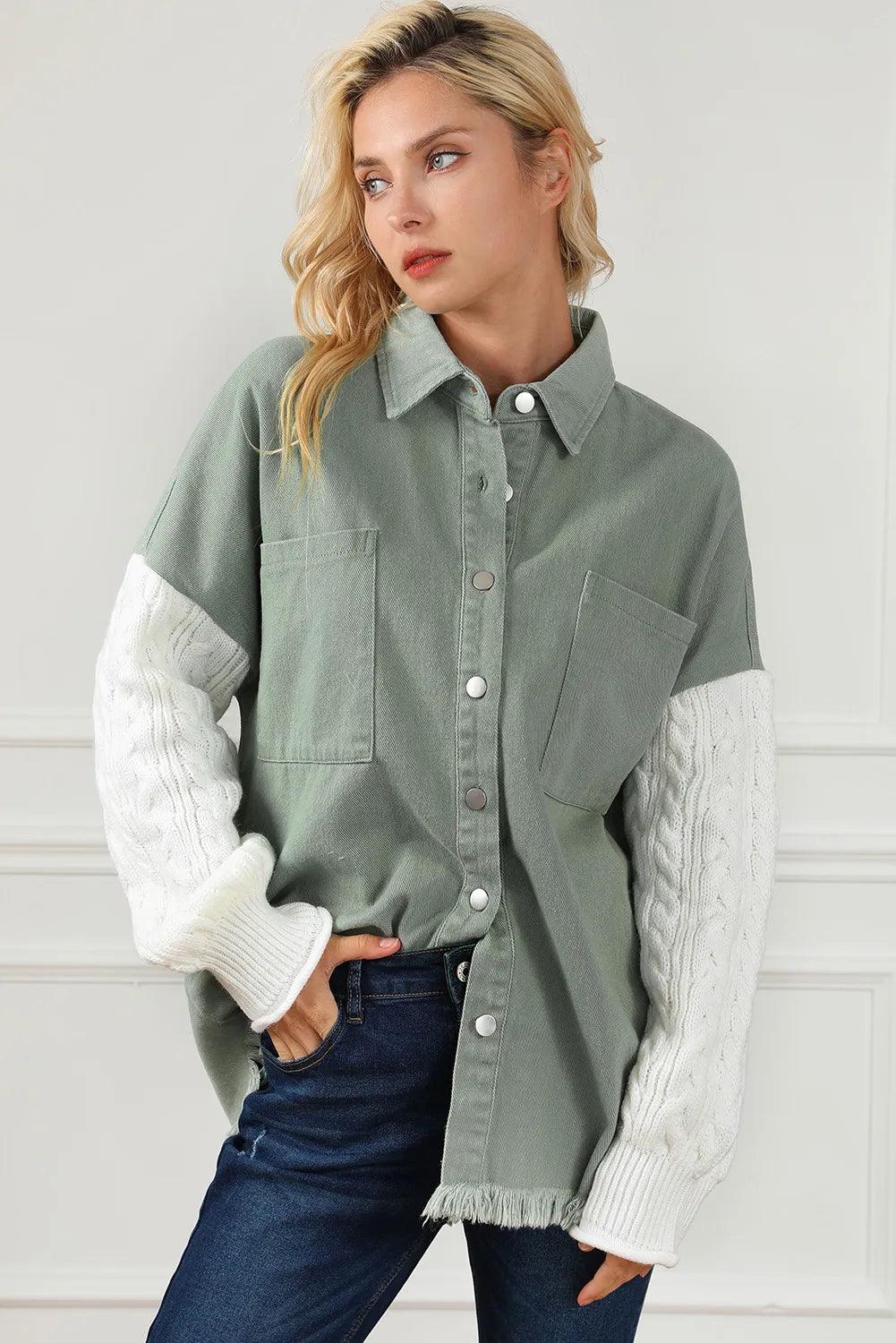 Raw Hem Jacket Cotton Collared Neck Button Up Long Knit Sleeve Outwear 9c753ecc-ef9d-4e06-afc8-701c5445c8bb-Max Trendsi