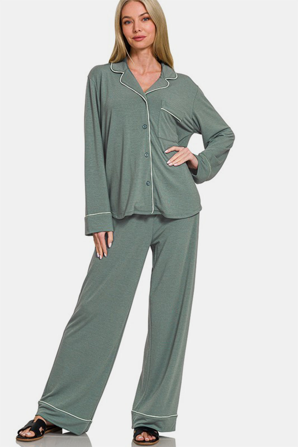Zenana Lounge Set Button Down Long Sleeve Top and Pants Loungewear Sage