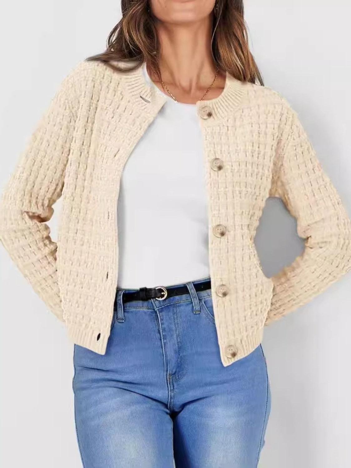 Button Up Cardigan Textured Round Neck Long Sleeve Single Breasted Tan 9c812873-cf94-403e-8c08-88a5bafbca03-Max Trendsi