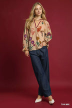 Umgee Womens Blouse Cotton Floral Tan Mix Print Flounce Long Sleeve Top 9c83d08c-601f-49a8-9db0-24de67fbf2d6-Max-Origin Trendsi