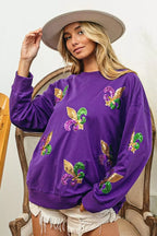 BiBi Sweatshirt Purple Mardi Gras Fleur De Lis Sequin Patches Long Sleeve Top 9c86ebc57dae4d86803b9eadc871b951-Max-Origin Trendsi