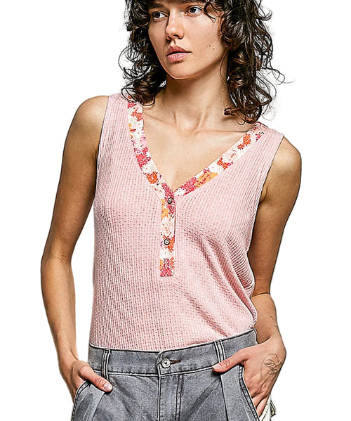 POL Ribbed V-Neck Sleeveless Tank Top with Contrast Floral Neckband
