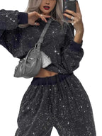 Plus Size Full-Length Sequin Round Neck Top and Pants Set