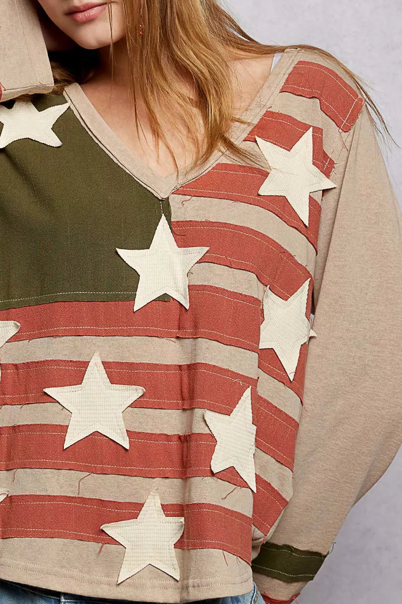 POL Womens T-Shirt Double Gauze American Flag Patch V-Neck Long Sleeve 9c98e9f9-5017-460d-a1c2-4bba38d604eb-Max-Origin Trendsi