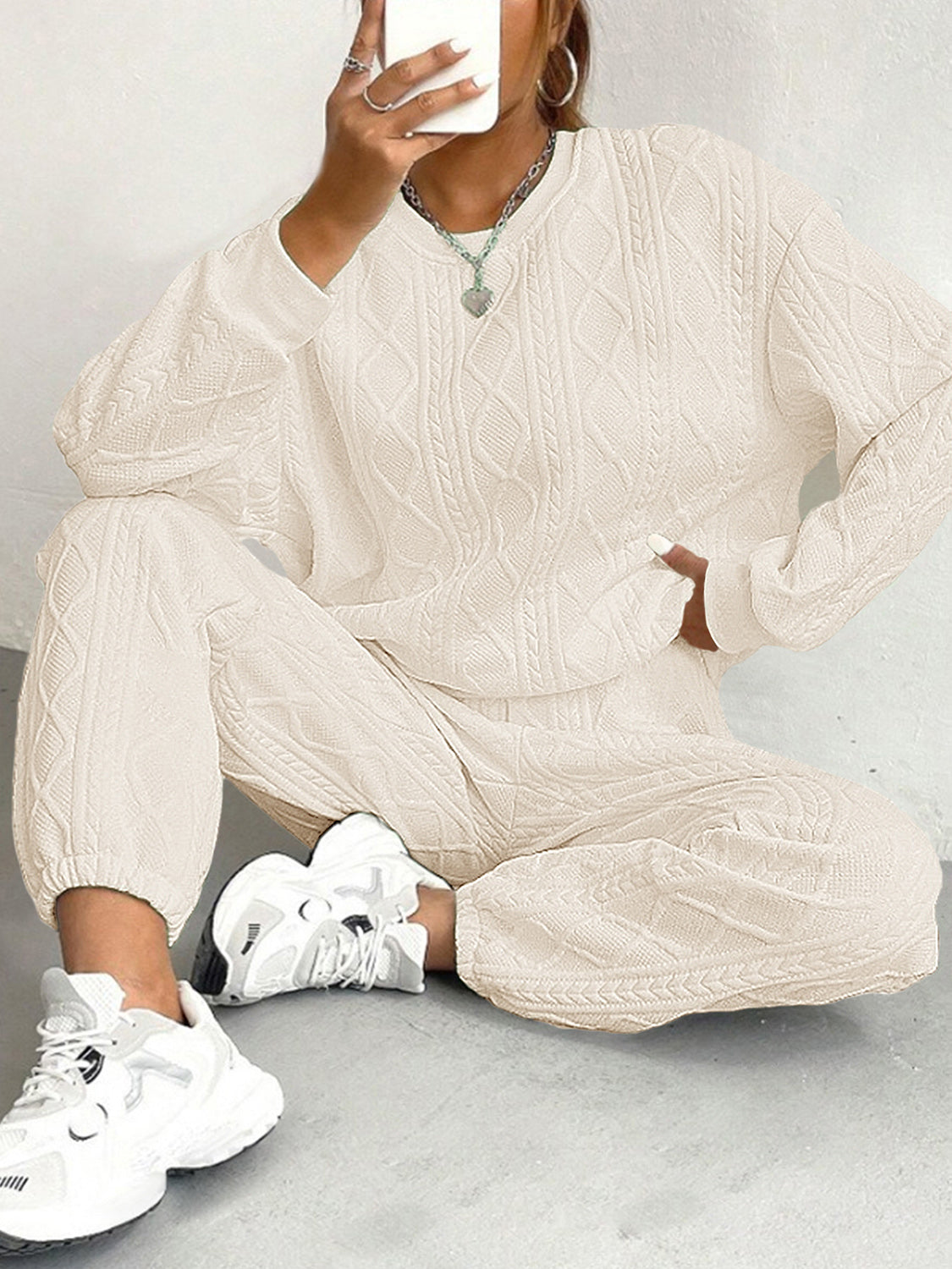 Women’s Set Sweatshirt Textured Diamond Long Sleeve Top And Pants 2 Pcs 9c9e172f-ef10-4cf0-85b9-2e09fd64d0e8-Max Trendsi