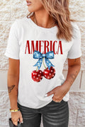 Women's T Shirt AMERICA Bow Cherry Crewneck Short Sleeve White Top White 9ca8d674-3921-40e6-9bc1-9bcc13990702-Max-Origin Trendsi
