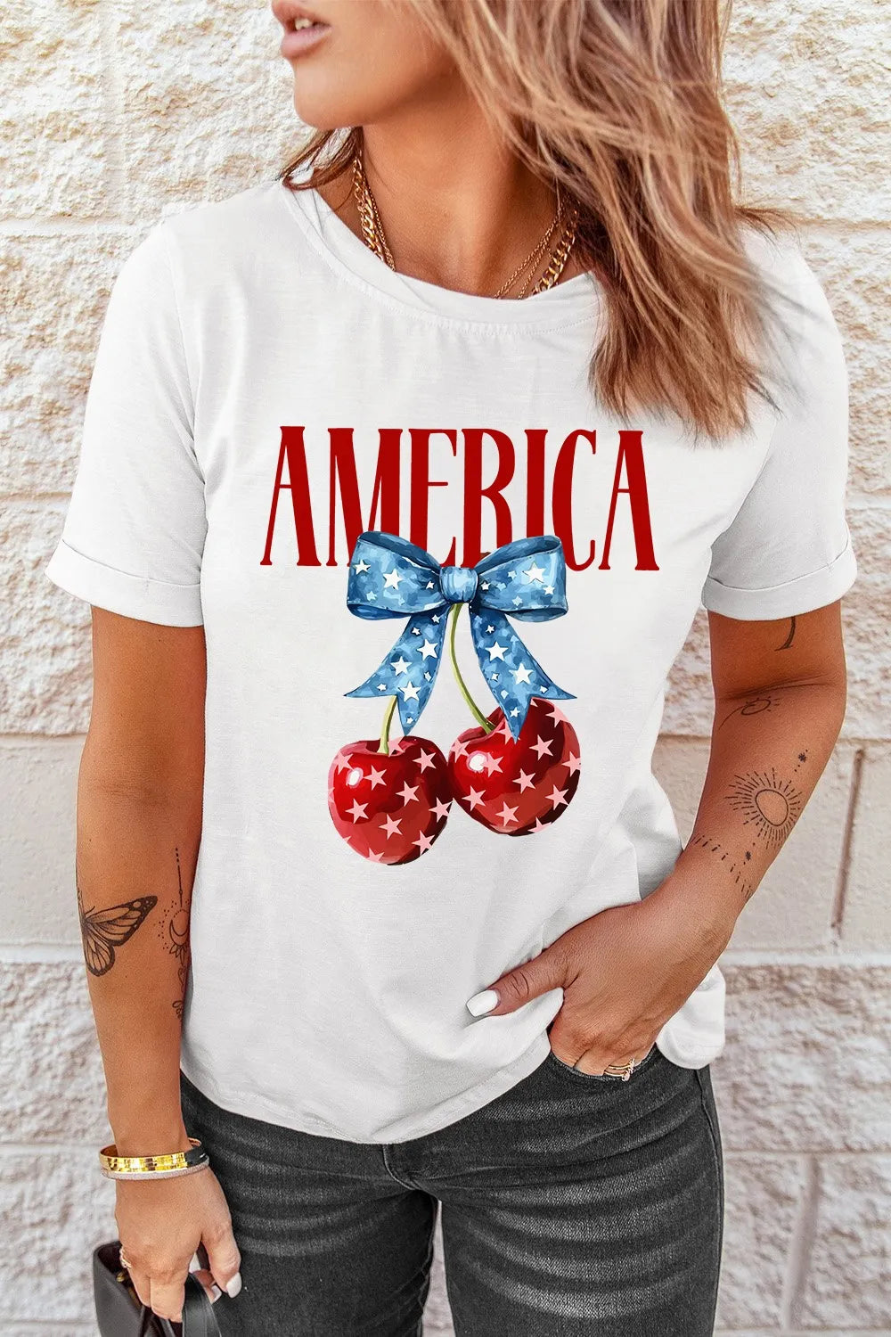Women's T Shirt AMERICA Bow Cherry Crewneck Short Sleeve White Top White 9ca8d674-3921-40e6-9bc1-9bcc13990702-Max-Origin Trendsi
