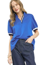Umgee Luxe Knit Top with Contrast Trim and Puff Sleeves