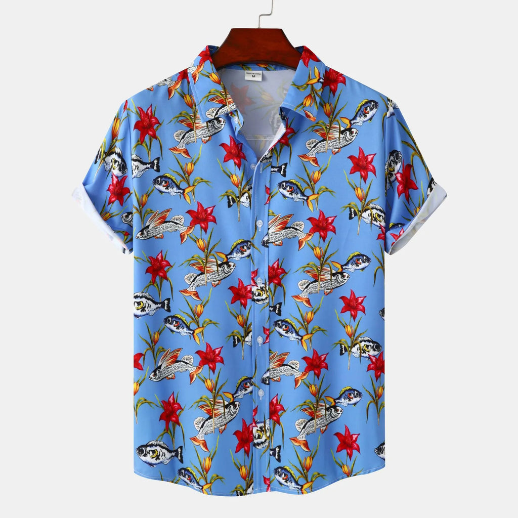 Men's Button-Up Shirt Sky Blue Floral Fish Summer Print Short Sleeve Top Sky Blue 9cadc45df42b424a80fa64ca6bda3716-Max-Origin Trendsi