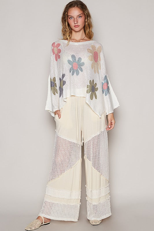 POL Women Knit Top White Flower Long Sleeve Oversized High Low Sweater