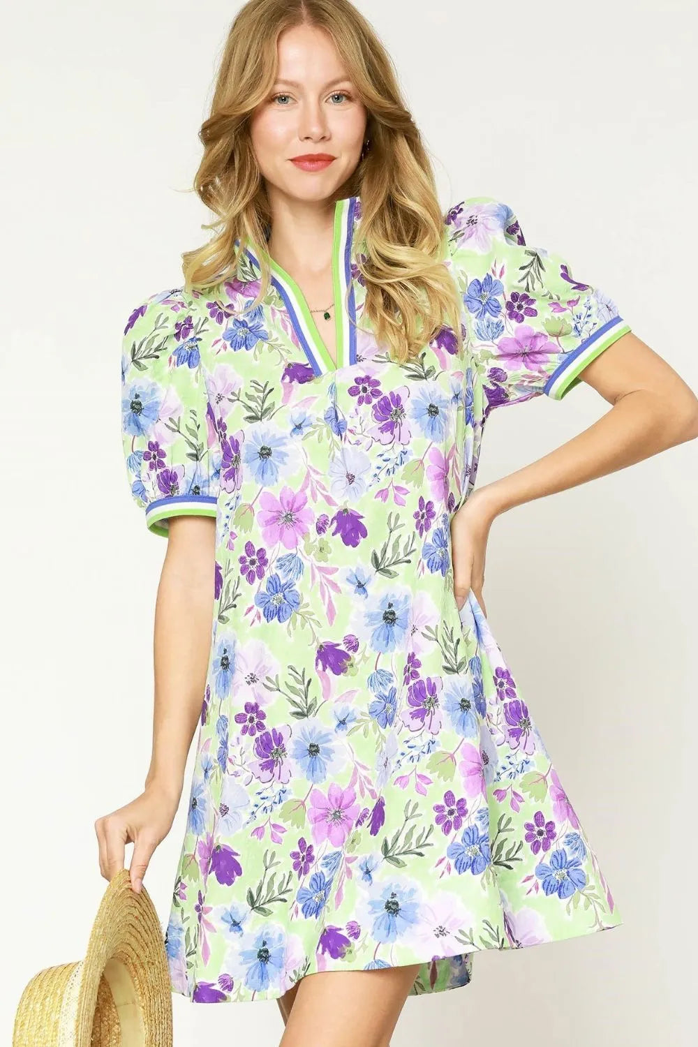 Umgee Mini Dress Floral Purple Green Mix Print Short Puff Sleeve Light Green 9cb842c7-37fe-4861-81a8-b0604b1827ae-Max-Origin Trendsi