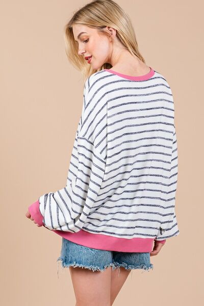Ces Femme Striped Sweatshirt Round Neck Drop Shoulder White Black 9cc4636d-1766-4ce8-9bac-41de528d6576-Min Trendsi