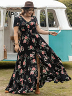 Plus Size Printed Maxi Dress with Button Detail, V-Neck, and Short Sleeves