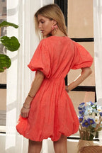 ADORA Floral Mini Dress Cotton Coral Puff Short Sleeve V neck 9ccfa9834ec04200af330f4c8226b7c5-Max-Origin Trendsi