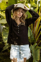 BiBi Sweater Top Black V Neck Knit With Button Details Long Sleeve Blouse 9cd08867b22648d682dde6a5db70721f-Max-Origin Trendsi