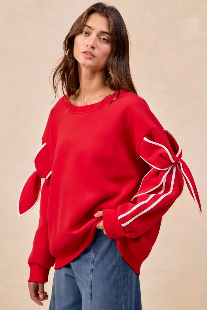 BiBi Fleece Sweatshirt Red Bow Detail Sleeves Womens Pullover 9cd44653-2342-4745-9358-c25ca512245d-Max-Origin Trendsi