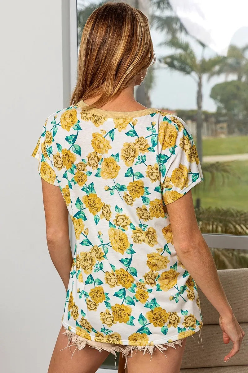 BiBi Blouse Yellow Rose Print Thermal Neck Binding Dolman Short Sleeves Top 9cde53e992cf46f0b3edb1d20d64e957-Max-Origin Trendsi