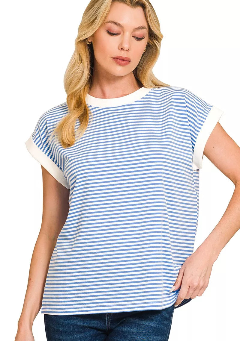 Zenana Striped T-Shirt Blue Round Neck Short Sleeve Contrast Trim Top CORNFLOWER BLUE 9ce2480103e84ebdb265bf8bcd79eca2-Max-Origin Trendsi